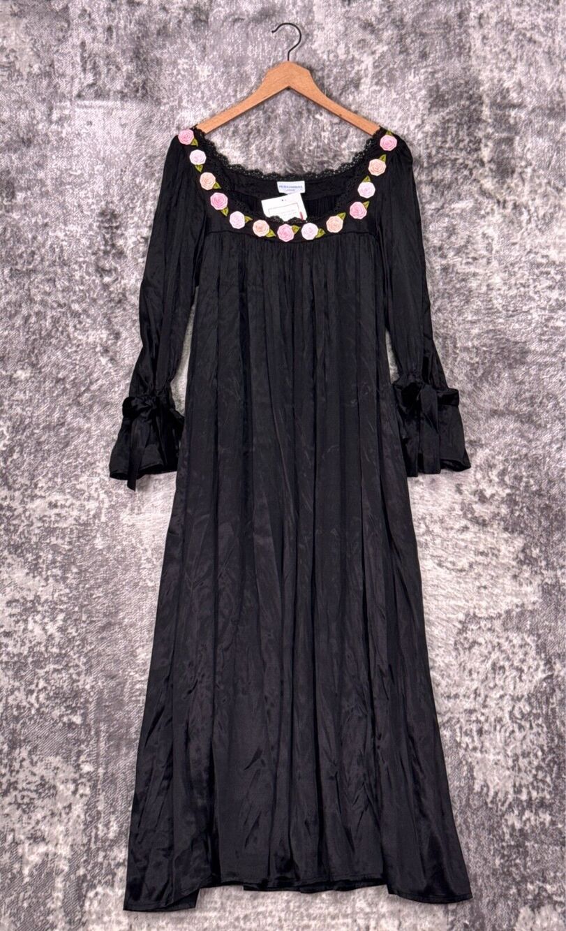 New Mi Golondrina Dress Medium Womens Eli Black Satin Floral Maxi